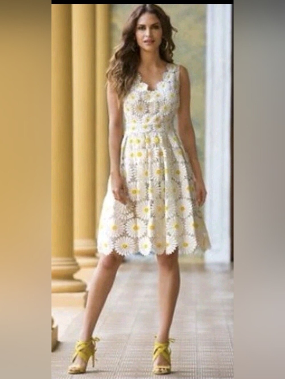 Boston Proper White Lace Dress with Yellow Daisy Details